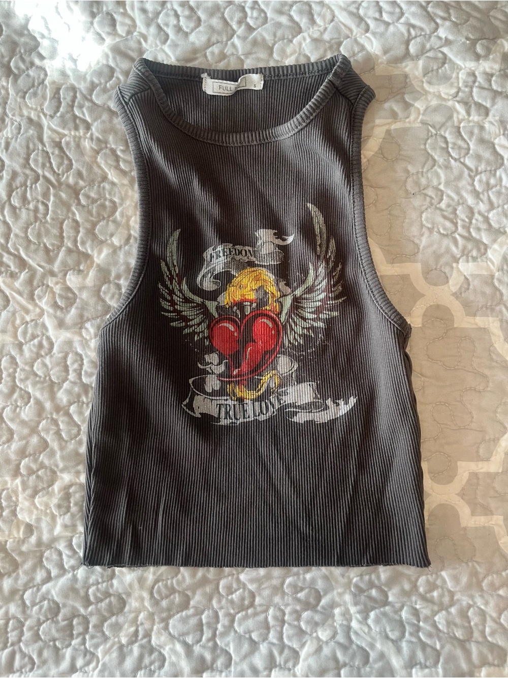 Tilly's Charcoal Ribbed Graphic Tank with Red and Yellow Heart Design